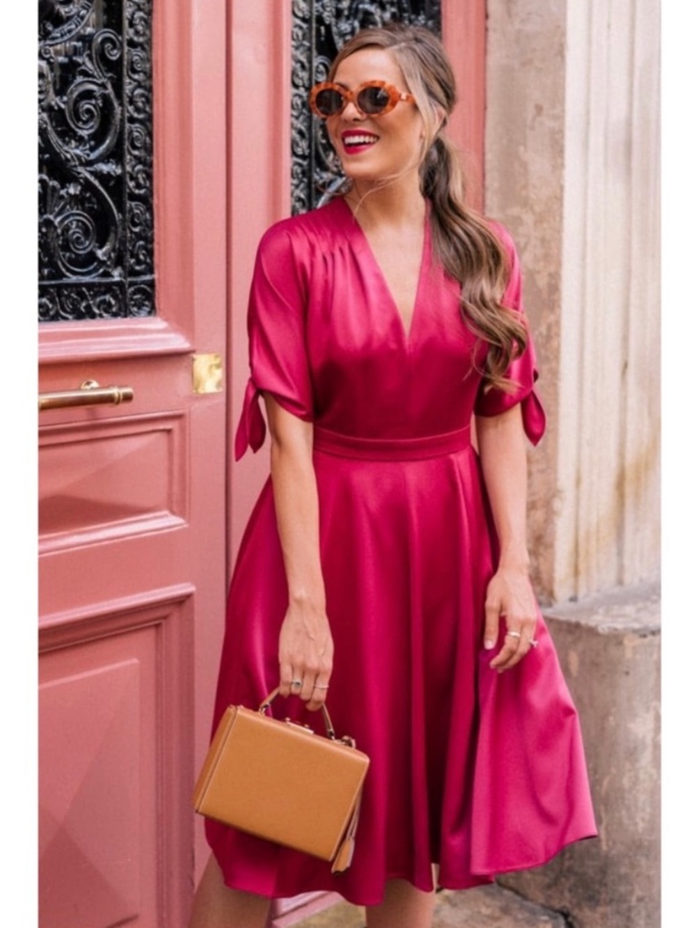 Gal Meets Glam Collection Debbie Butter Satin Fit & Flare Dress